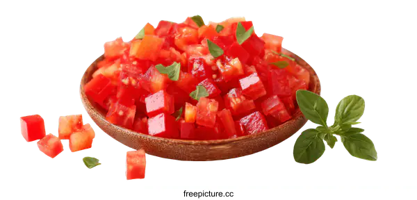 [Transparent Background PNG]Diced Tomatoes and Fresh Herbs in Wooden Bowl