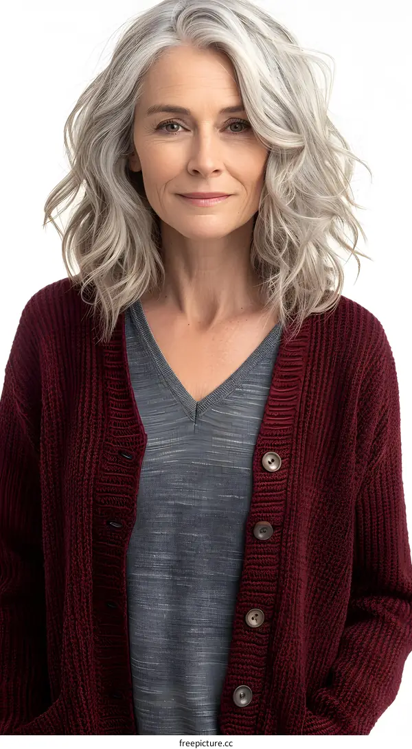 Portrait of a beautiful mature woman with gray hair wearing a red cardigan sweater