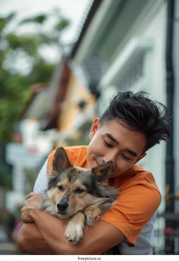 Asian man hugging a dog outdoors