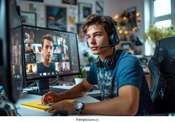 Young male student with headphones looking at multiple computer screens during online class or meeting