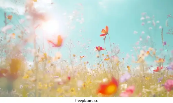 Close-up of colorful wildflowers in a field on a sunny day with a clear blue sky