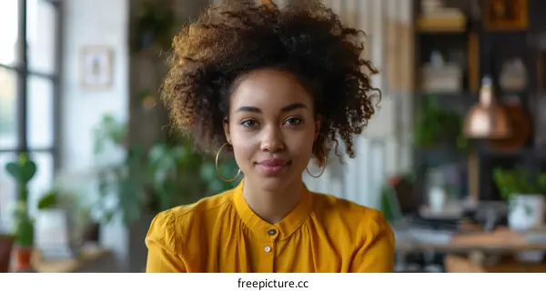 portrait of a young woman with curly hair smiling wearing a yellow shirt