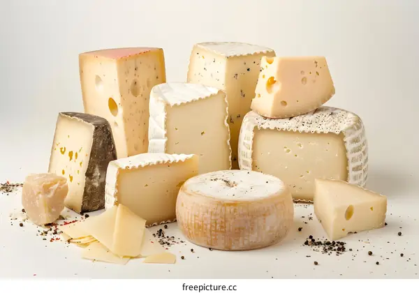 Assortment of Cheeses on White Background