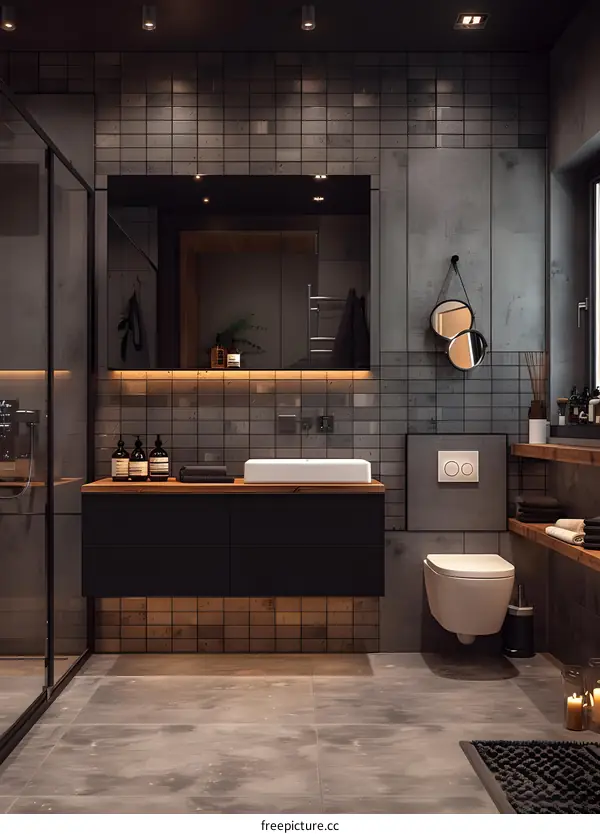 Industrial Chic Bathroom with Dark Tiles and Wood Accents