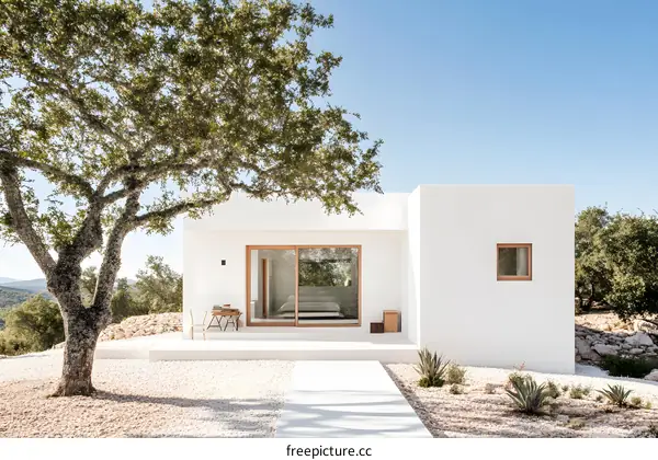 Minimalist White House with a Wooden Door and Window in the Front