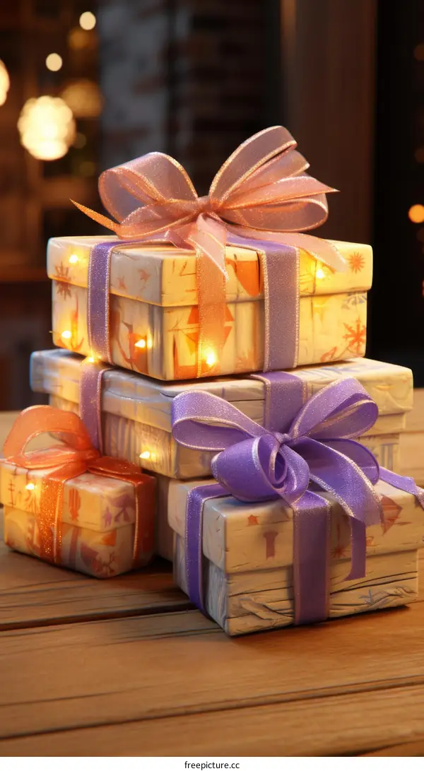 Three beautifully wrapped presents on a wooden table