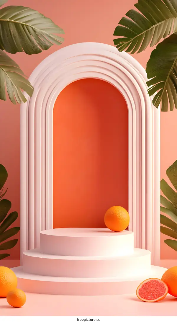 Orange and Grapefruit on a Pink Platform With Tropical Leaf Background