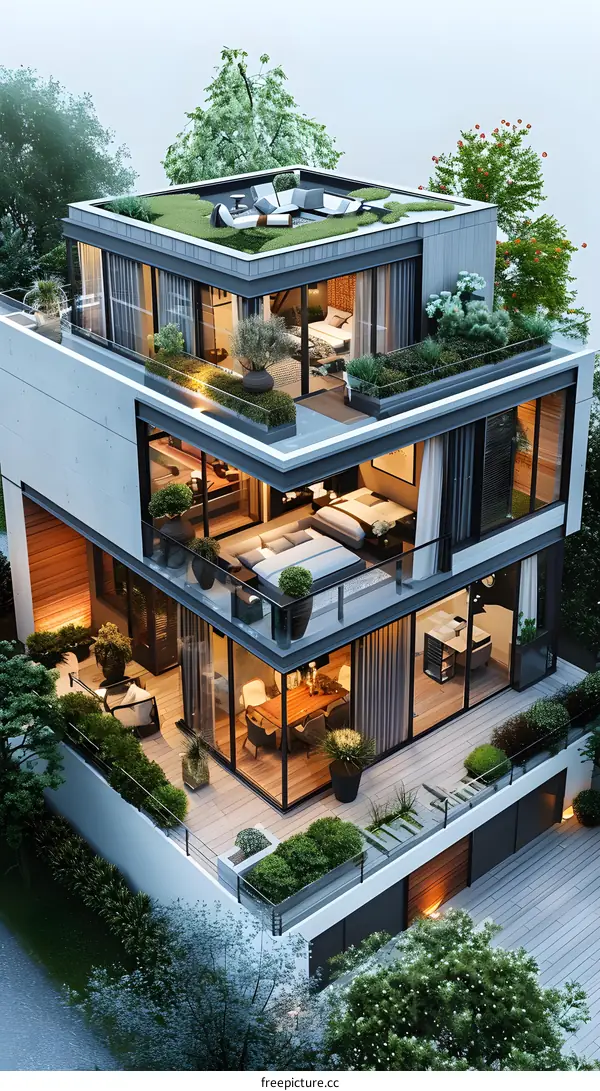 Modern house with roof terrace and floor-to-ceiling windows