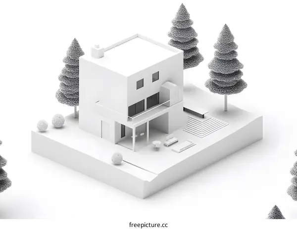 Minimalist 3D Model of a Modern White House with Trees