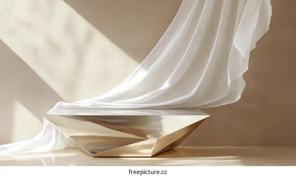 Elegant Minimalist Studio Scene with Draped Fabric and Geometric Stand