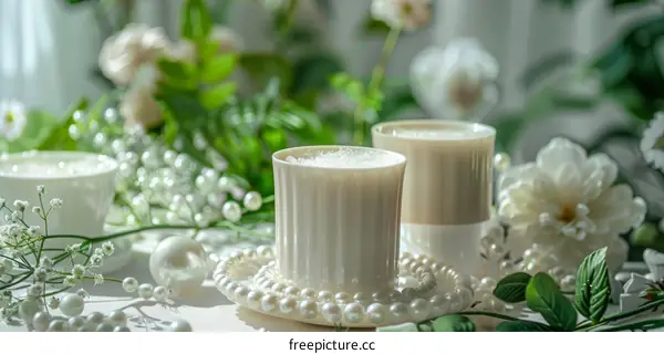 Two Cups of Milk Tea with Pearls and Flowers on Table