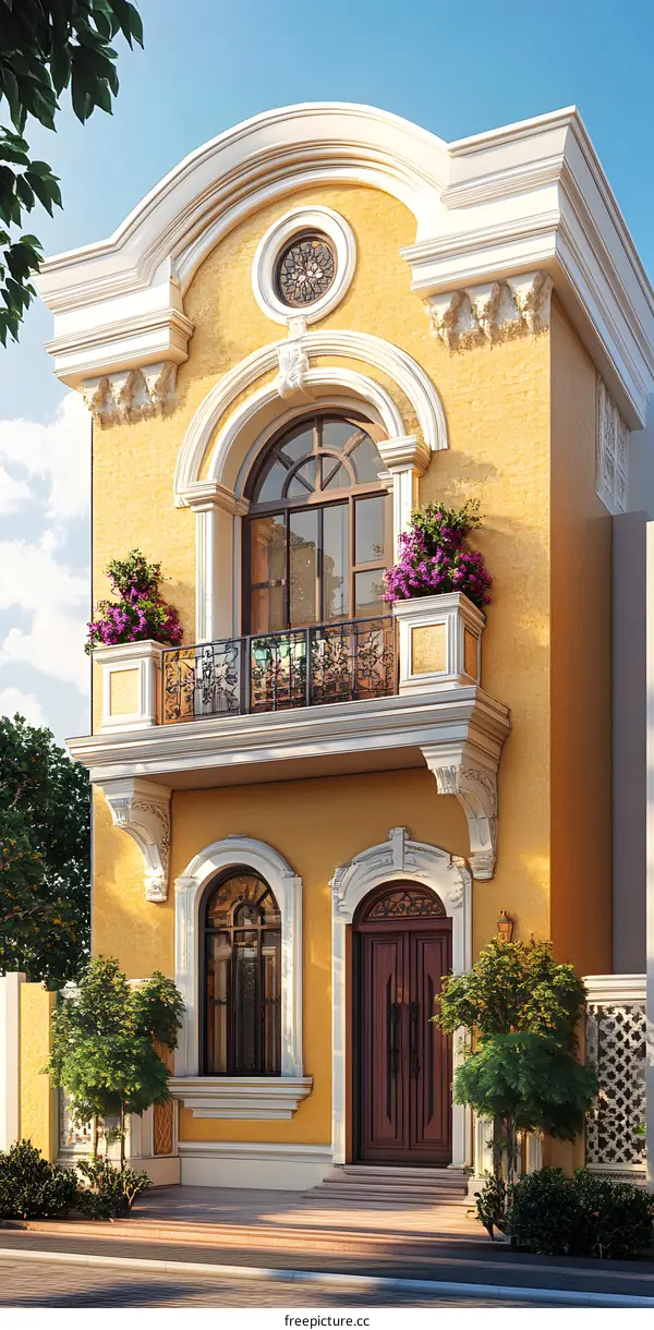 Yellow Exterior of an Ornate House with Balcony