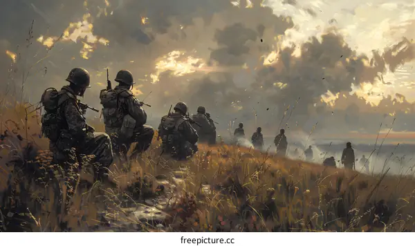 A group of soldiers walking through a field during the war