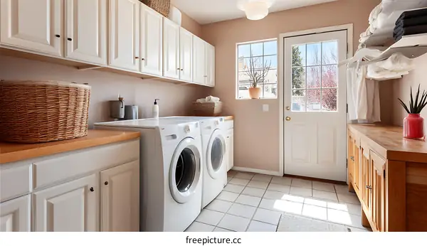 Modern Laundry Room with Wooden Cabinets and White Appliances