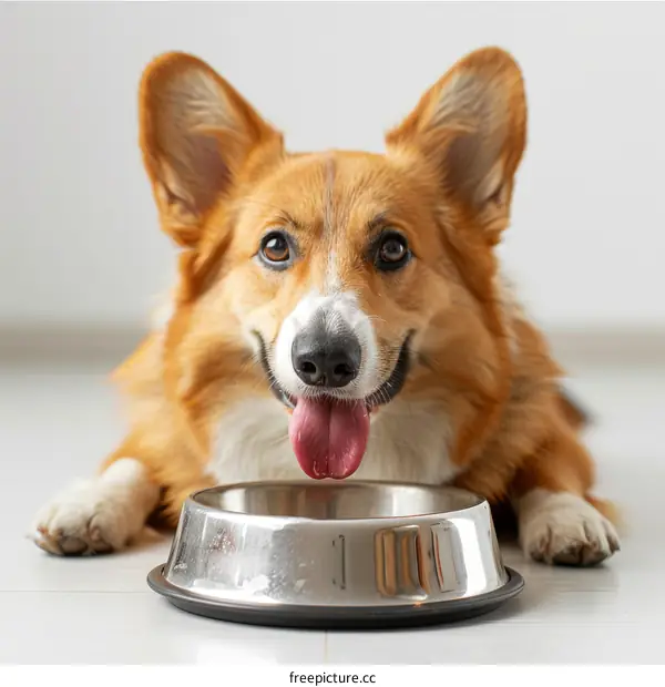 A cute corgi dog lying down in front of a silver bowl