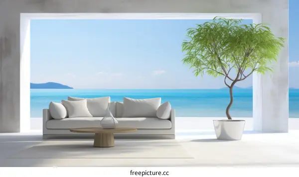 Modern minimalist white living room interior with sofa and tree