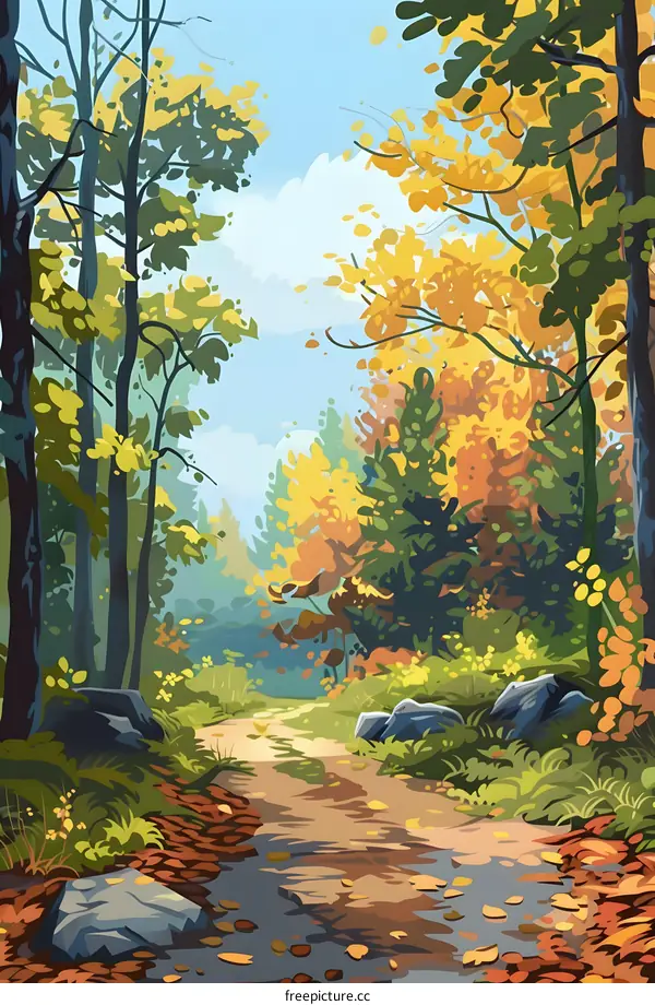 Autumn Path Through Woods Illustration