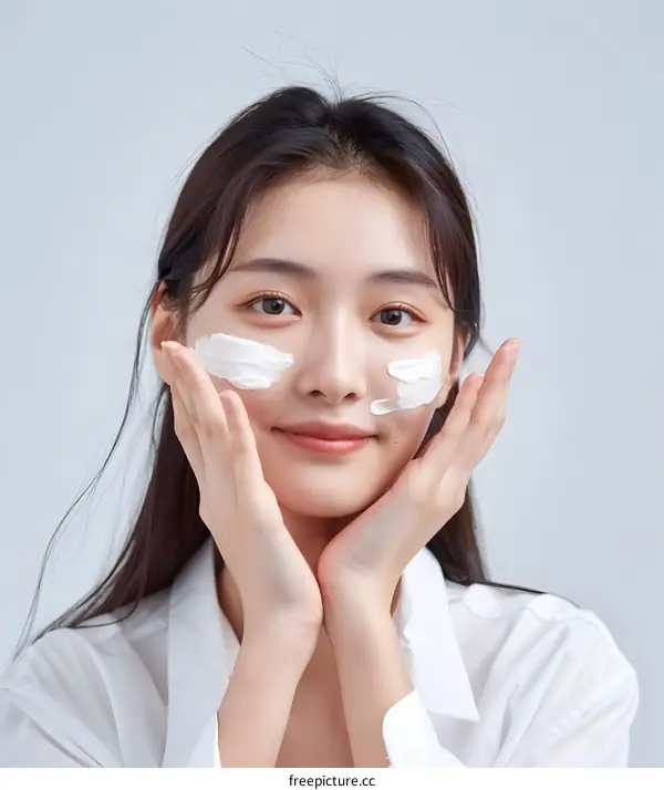 Beautiful Asian Woman Applying Face Cream