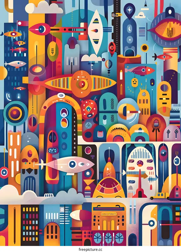 Abstract Futuristic Cityscape Illustration with Geometric Shapes and Vibrant Colors