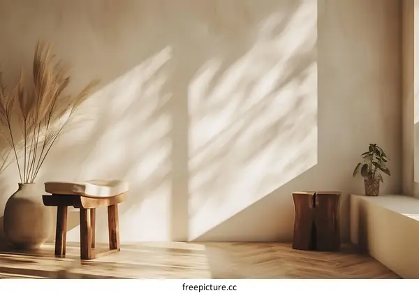 Minimalist Interior Design With Wooden Stools And Dried Plants