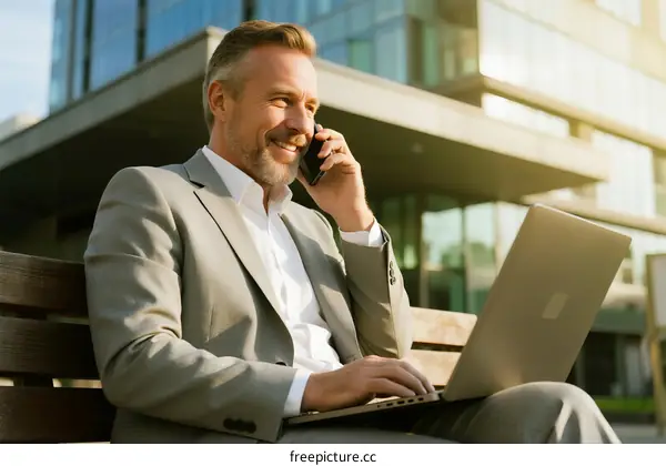 Mature man in suit using laptop and smartphone outdoors