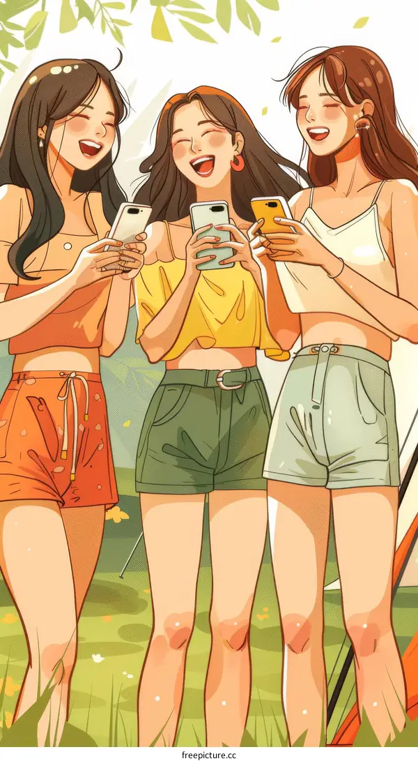 Three friends are looking at their phones and laughing