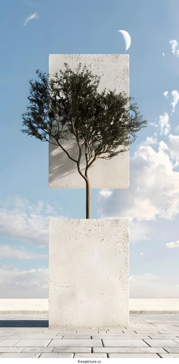 Minimalist Illustration of a Tree Growing Through a Concrete Block