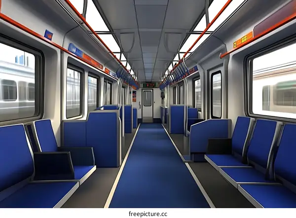 Empty Train Car Interior with Blue Seats