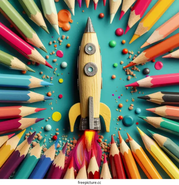 Rocket ship made of wood surrounded by colored pencils