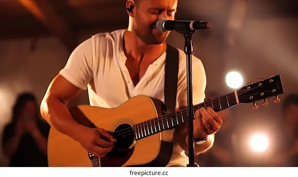 Male country singer performing live on stage with guitar