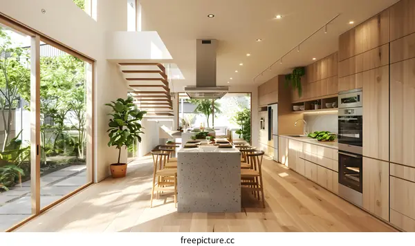 An illustration of a modern kitchen with a large island and a dining table