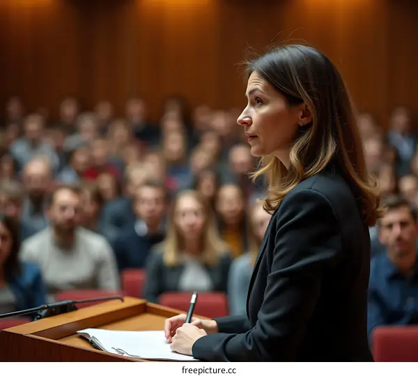 Woman giving a speech in front of an audience in a conference hall