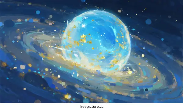 A Vibrant Blue Celestial Sphere with Swirling Cosmic Rings