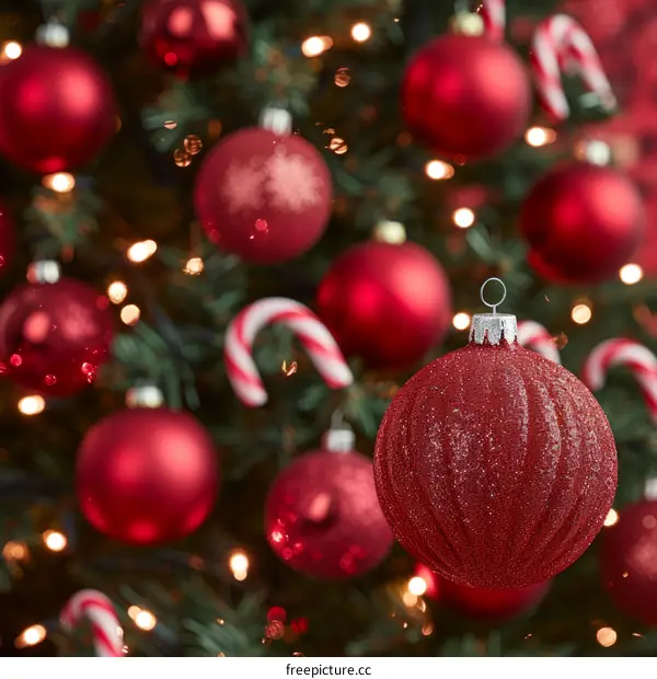Red Christmas ornaments hanging on a fir tree with fairy lights in the background