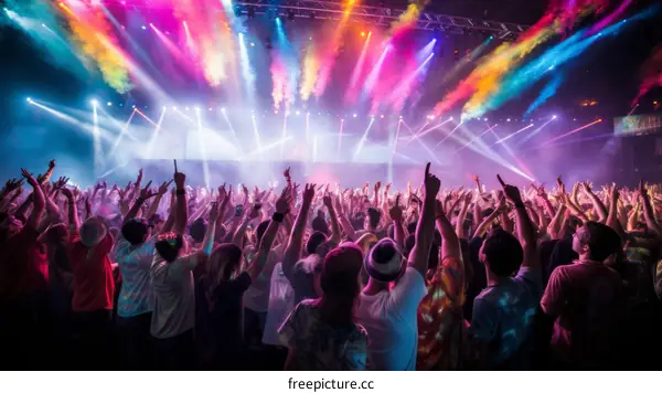 Colorful stage lights and crowd at a music festival