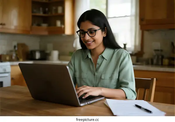 Young Woman Using Laptop While Sitting at Wooden Table