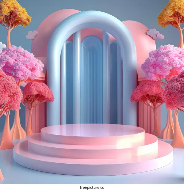 Pastel Colored 3D Display Podium with Abstract Trees