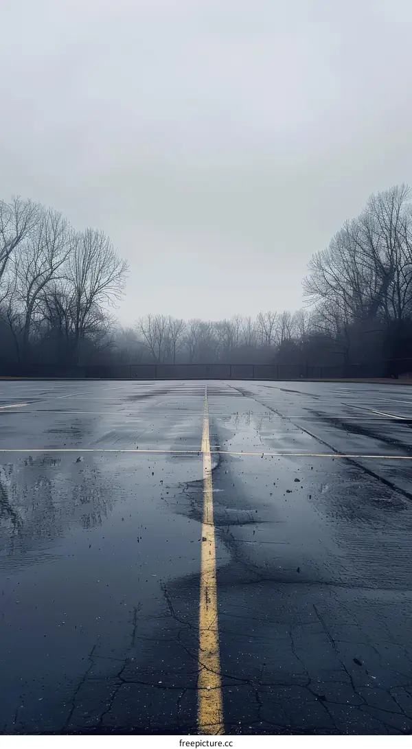 Empty Parking Lot on a Cold, Foggy Day