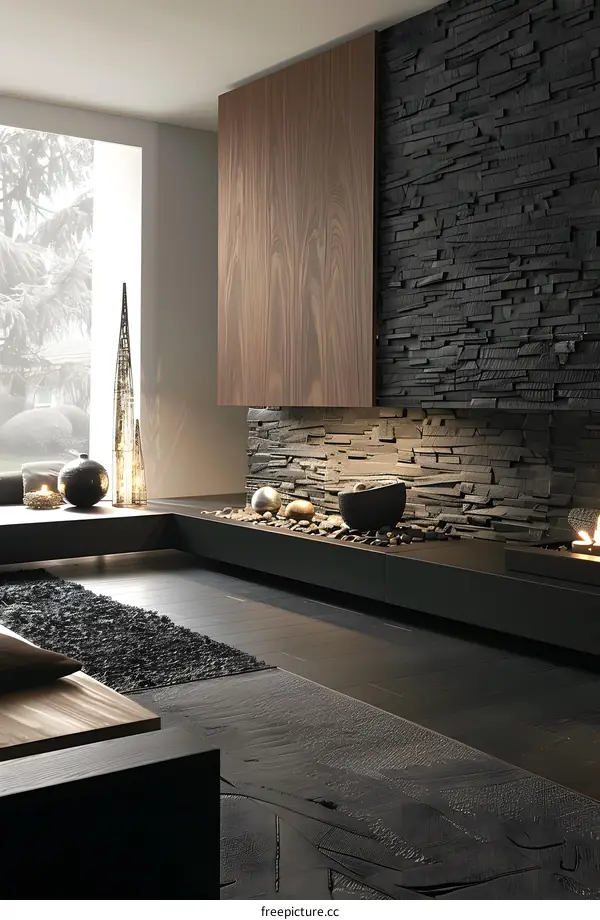 Modern Living Room Interior Design with Fireplace and Stone Wall
