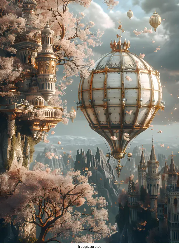 Fantasy landscape with floating steampunk airship and castles
