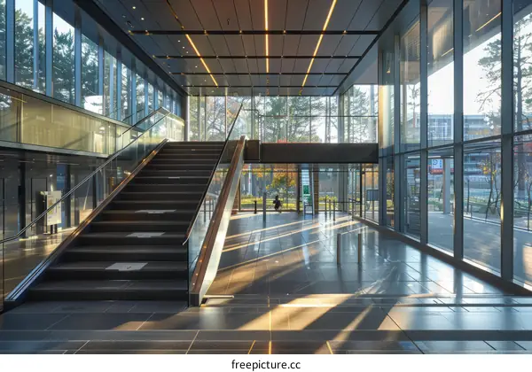 Staircase in a modern glass building with large windows