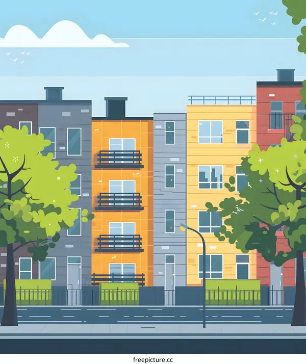 Colorful Buildings on Street With Trees