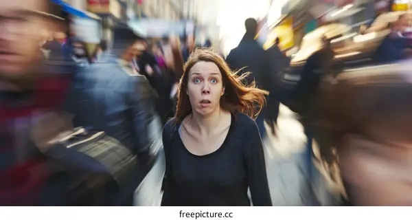 Terrified woman running away from danger in a crowded city street