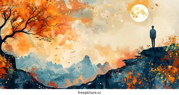 Man standing on a cliff overlooking mountains and moon