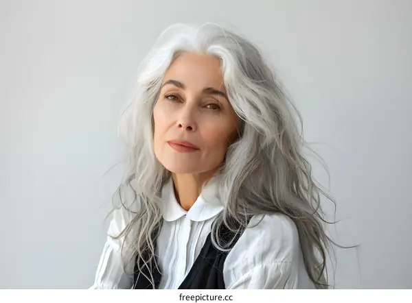 Portrait of a Beautiful Senior Woman with Long Grey Hair