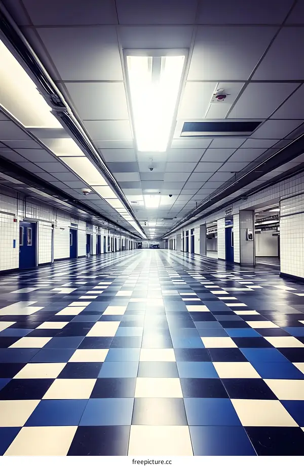 Empty Corridor With White And Blue Checkered Floor
