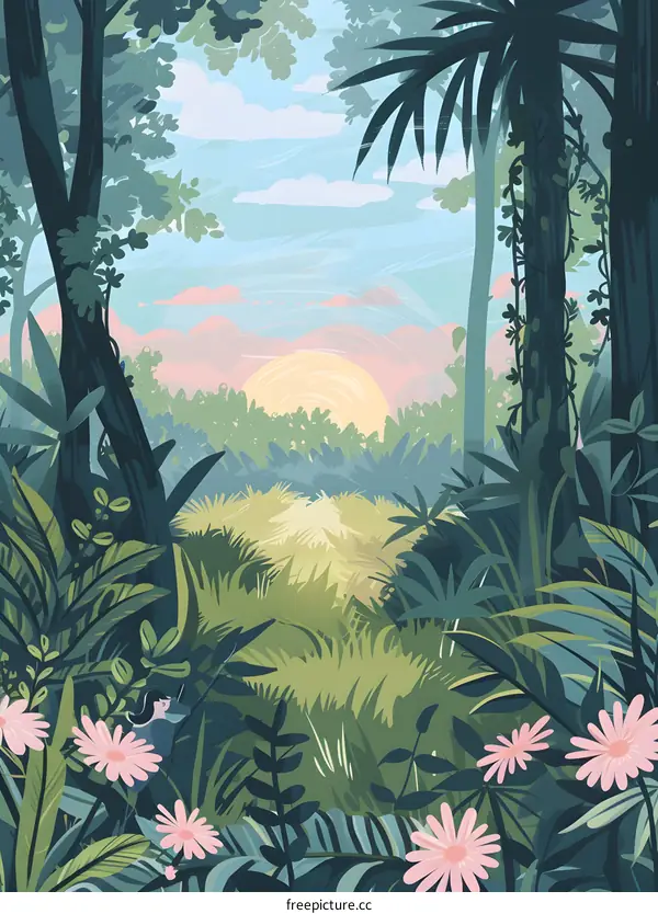 Jungle Landscape With Pink Flowers and Sunrise