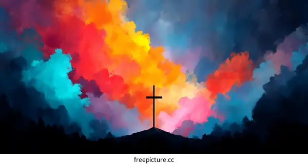 Colorful Sky with a Cross on Hilltop