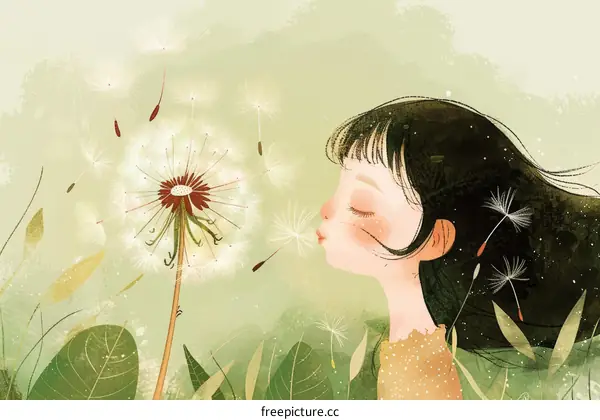 Little Girl Blowing Dandelion Seeds in a Field in Summer