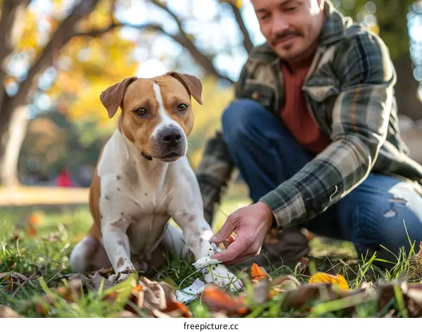 A man is cleaning his dog's paw with a wet wipe in the park